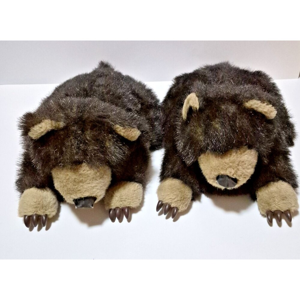 Sound Mates Adorable Plush Brown Grizzly Bear Faux Fur Slippers Size M 8-10